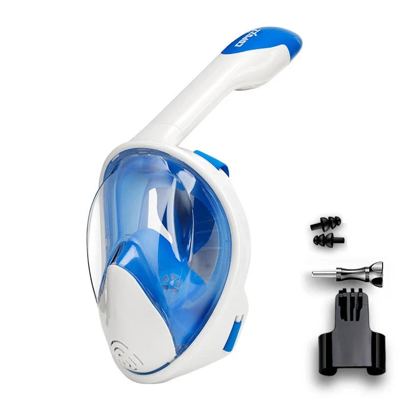 Premium full face anti-fog snorkel mask with wide 180-degree viewing and adjustable camera mount