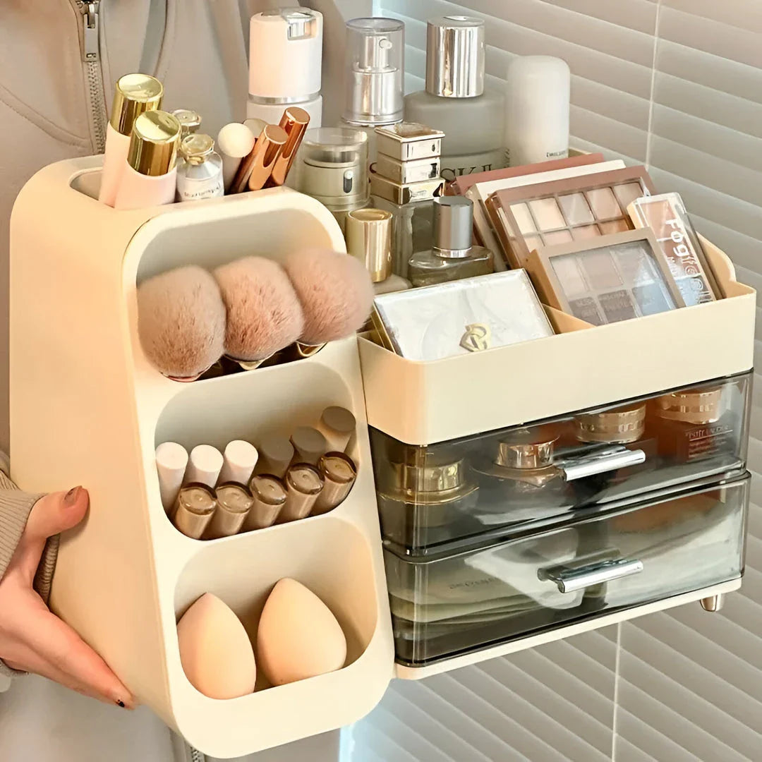 A large makeup organizer with a rotating brush holder and divided tray for storing cosmetics, skincare products, and beauty tools.