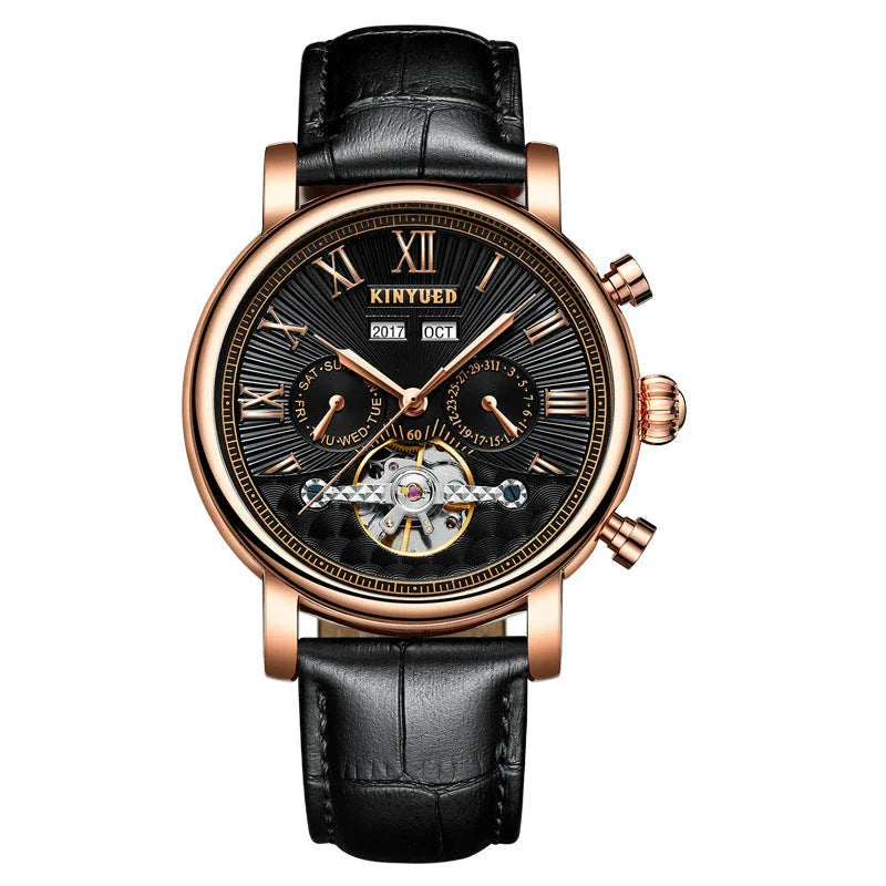 Automatic mechanical watch with genuine leather strap, featuring a stylish hollow-out dial design