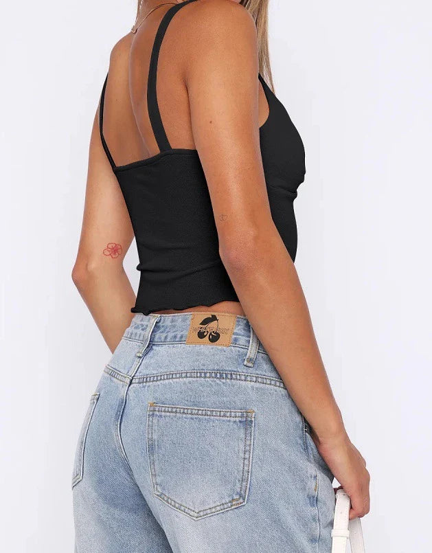 A versatile v-neck camisole top in a modern Y2K style, perfect for summer wear in the UK.