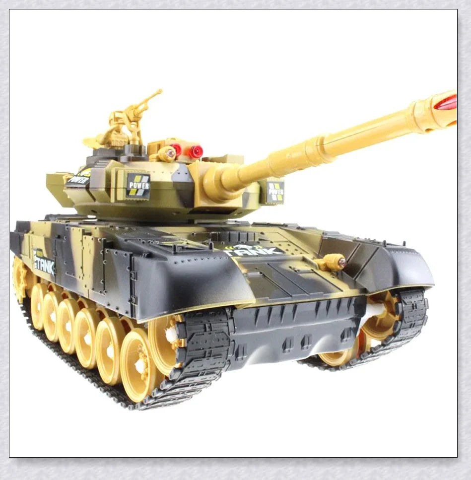 Remote-controlled military tank with flexible tracks, realistic sound effects, and firing simulation for thrilling battles and outdoor adventures