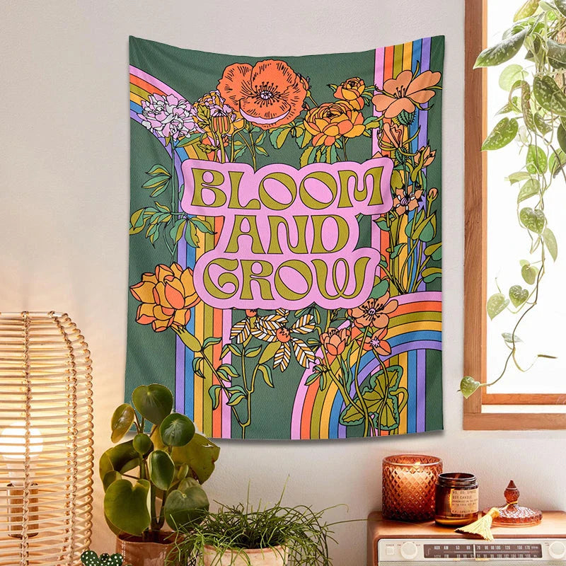 Vibrant 70s retro flower tapestry wall hanging with captivating floral design and rich, colourful pattern