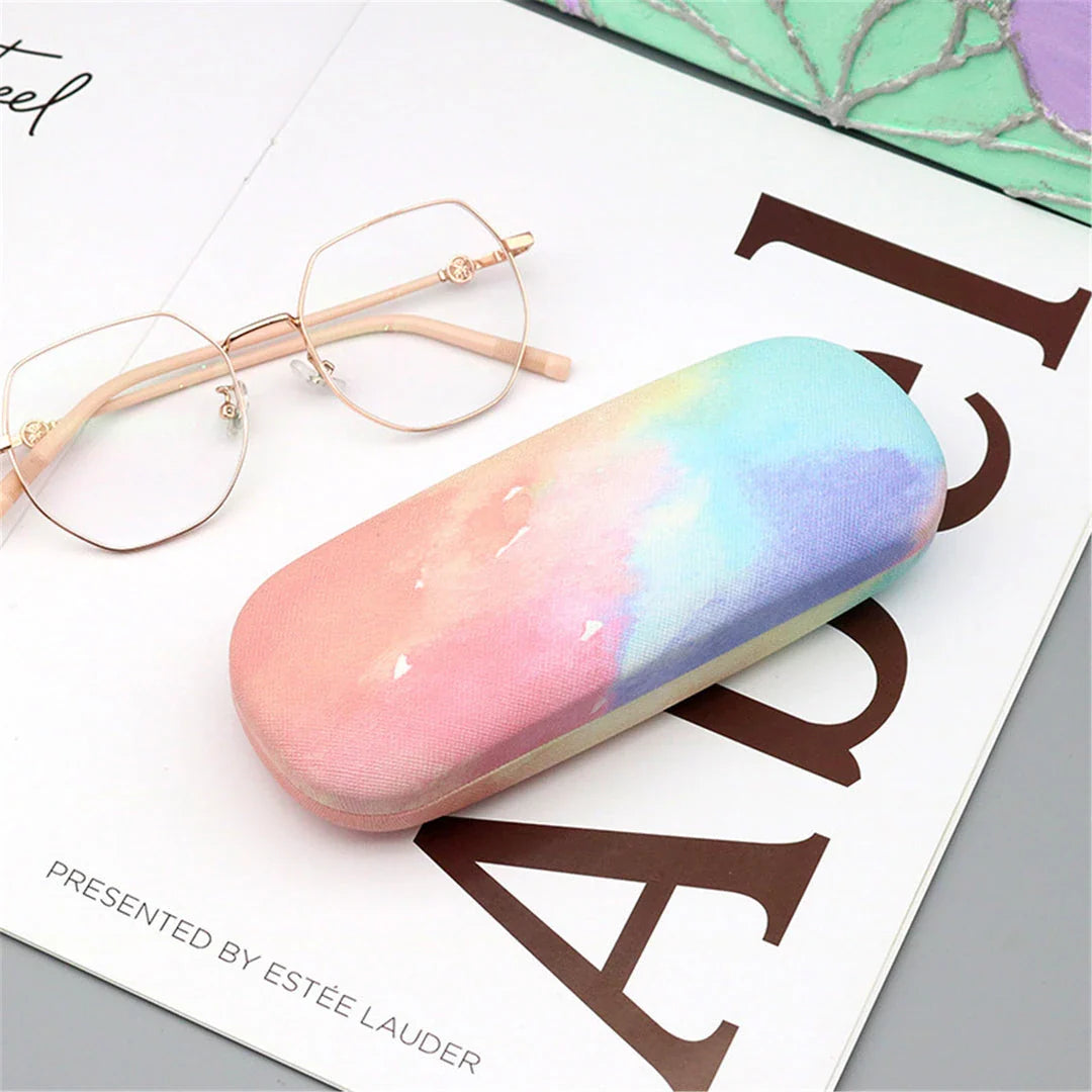 Gradient cloud printed eyewear case with metal frame and PU leather construction, protecting glasses from scratches and everyday wear and tear