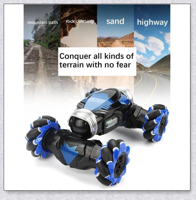Remote control stunt car with 360-degree rotation, flips, and built-in colourful lights and music for exciting playtime