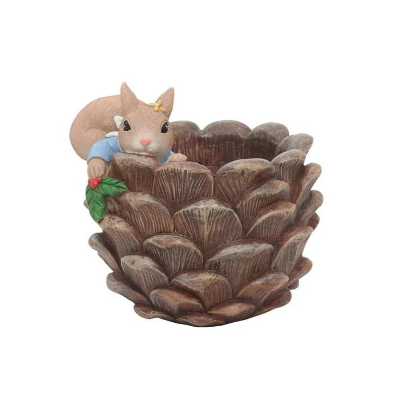 Cartoon squirrel-themed succulent planter in resin material, featuring a drainage hole for healthy plant growth