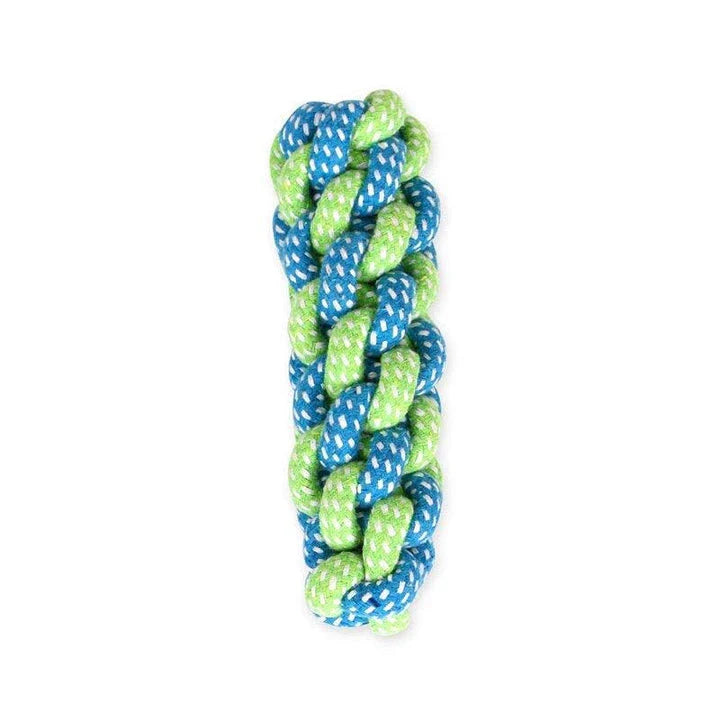 Robust cotton bone-shaped braided toy for dogs, designed to withstand chewing and promote dental health