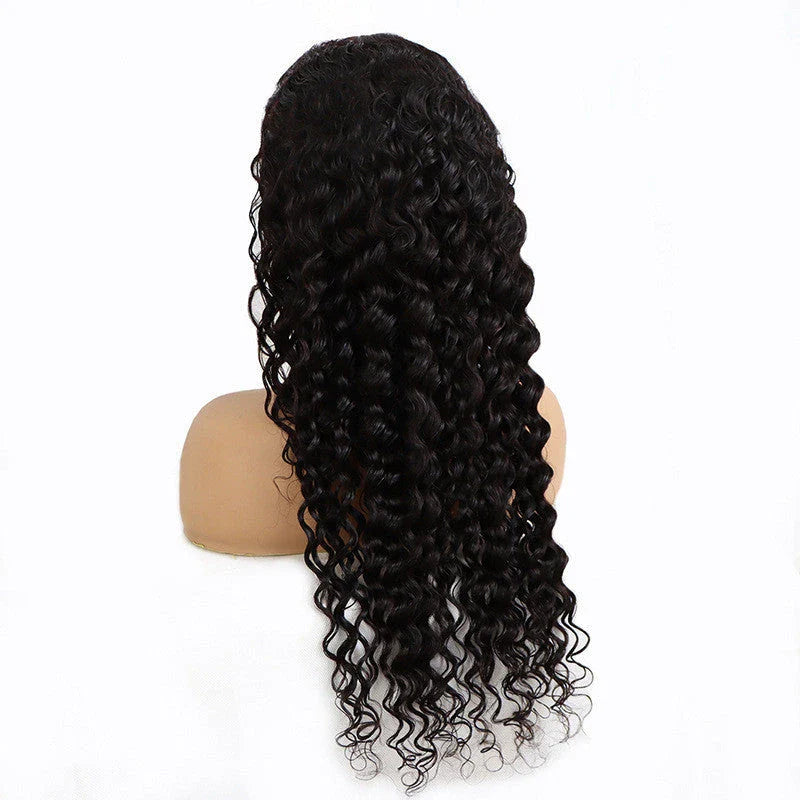 Luxurious deep wavy human hair wig with natural lace construction, available in various lengths for a customized, elegant look.