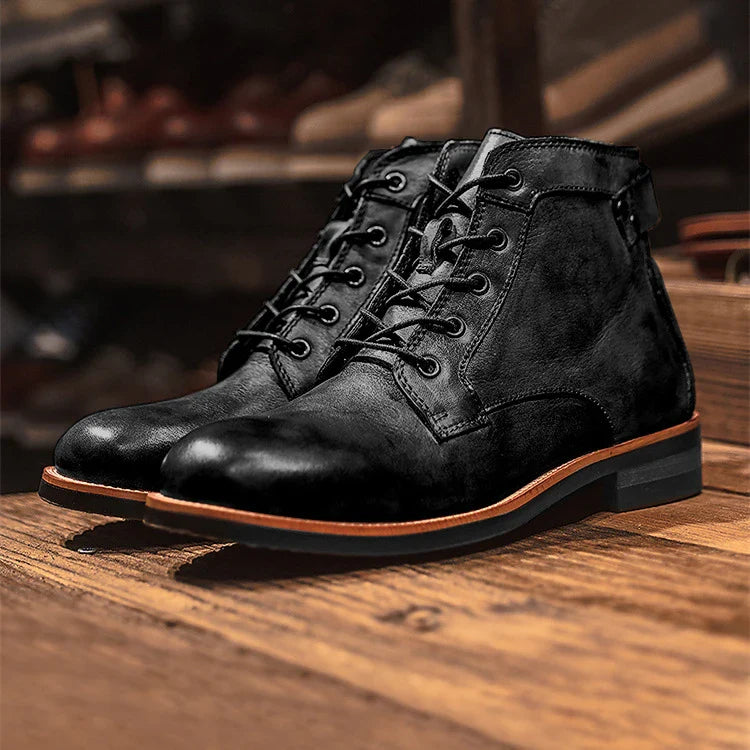 Stylish khaki Martin boots with a camouflage pattern, perfect for the modern British gentleman