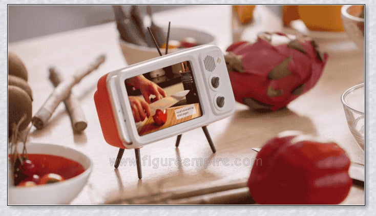Retro TV-inspired phone stand with built-in Bluetooth speaker for hands-free entertainment and music playback