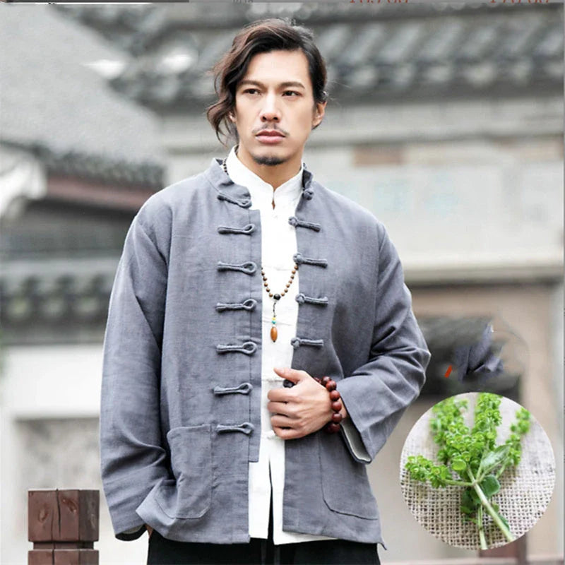 Stylish men's coat with a traditional Tang-style silhouette, made from a breathable cotton-linen blend and featuring a modern colour-block pattern