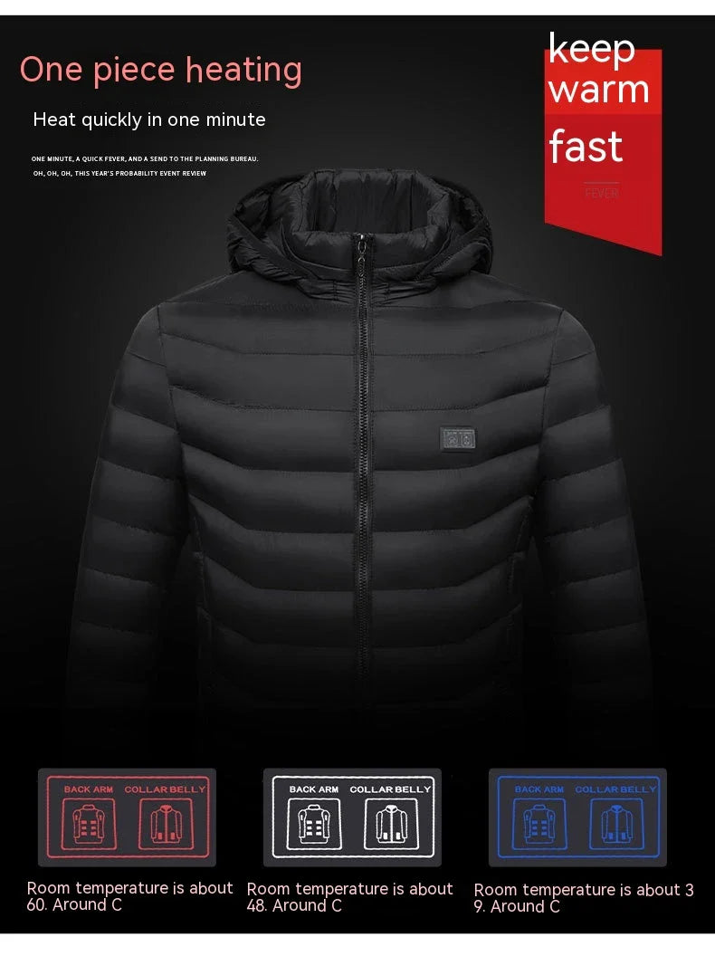 A stylish heated jacket with a removable hood, designed for warmth and comfort in chilly British weather.