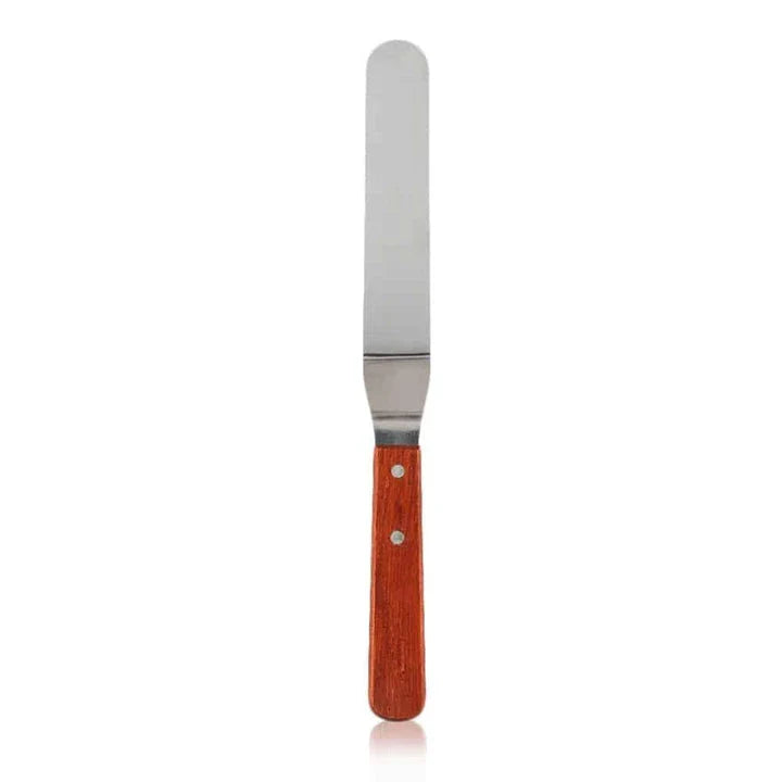 Stainless steel kitchen spatula with wooden handle, available in 15cm, 22cm, and 25cm lengths