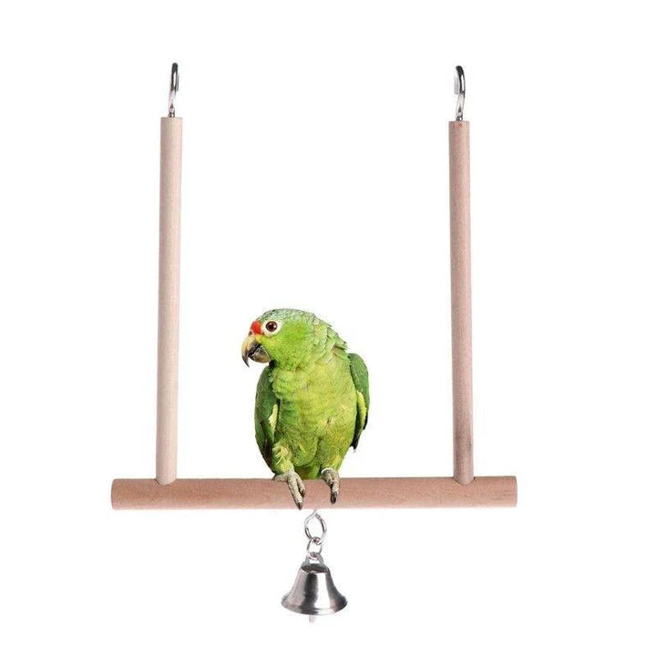 A natural wooden swing with a bell, designed as a perch and toy for parrots to enjoy in their cage or aviary.