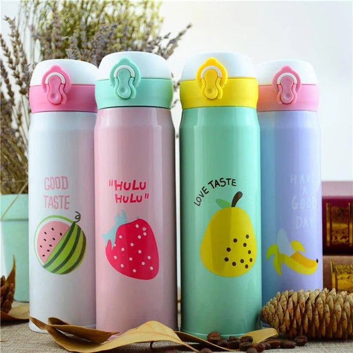 Premium stainless steel vacuum insulated thermos bottle with vibrant fruit print design, perfect for keeping children's drinks hot or cold.