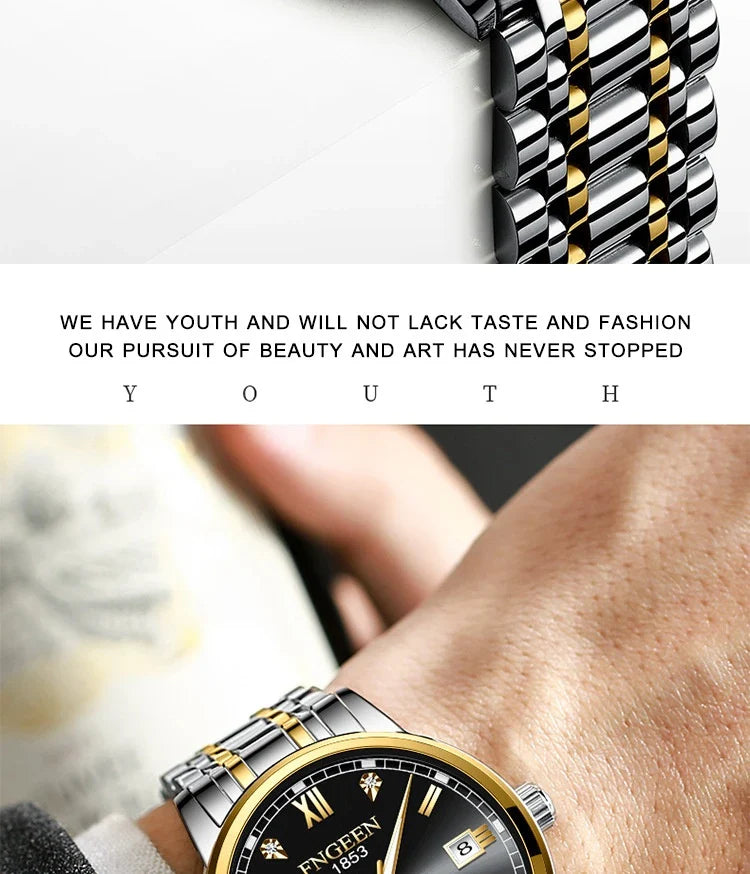 Premium automatic mechanical watch with leather strap, featuring a stainless steel case, luminous hands and markers, and a stylish British-inspired design