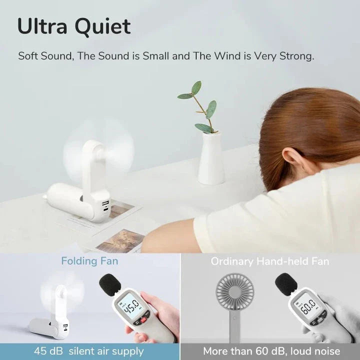 Portable Mini Handheld Fan with 4500mAh battery, 3 speed settings, power bank, and flashlight