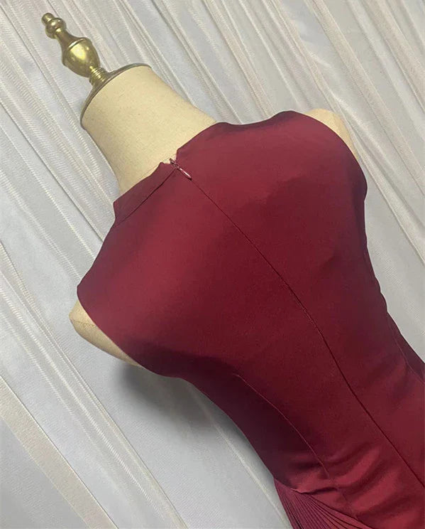 Elegant asymmetric dress with half turtleneck in wine red and milky white colours