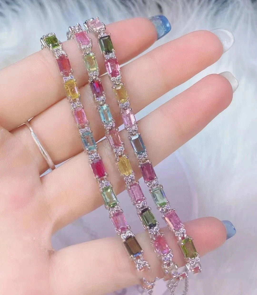 12-piece natural tourmaline bracelet with a geometric design and fire-like colours