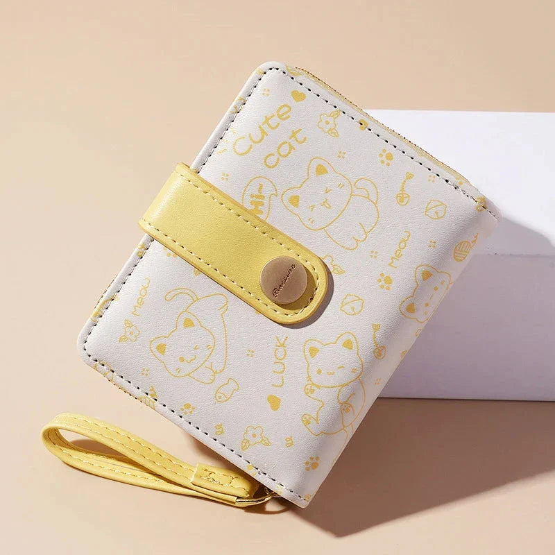 Stylish cat-themed compact wallet with zippered coin pocket, card slots, and key storage