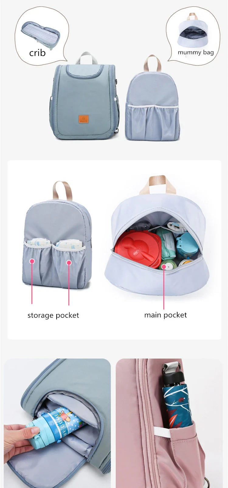 Versatile baby changing backpack with convertible crib bed, large storage capacity, and insulated feeding bottle compartment
