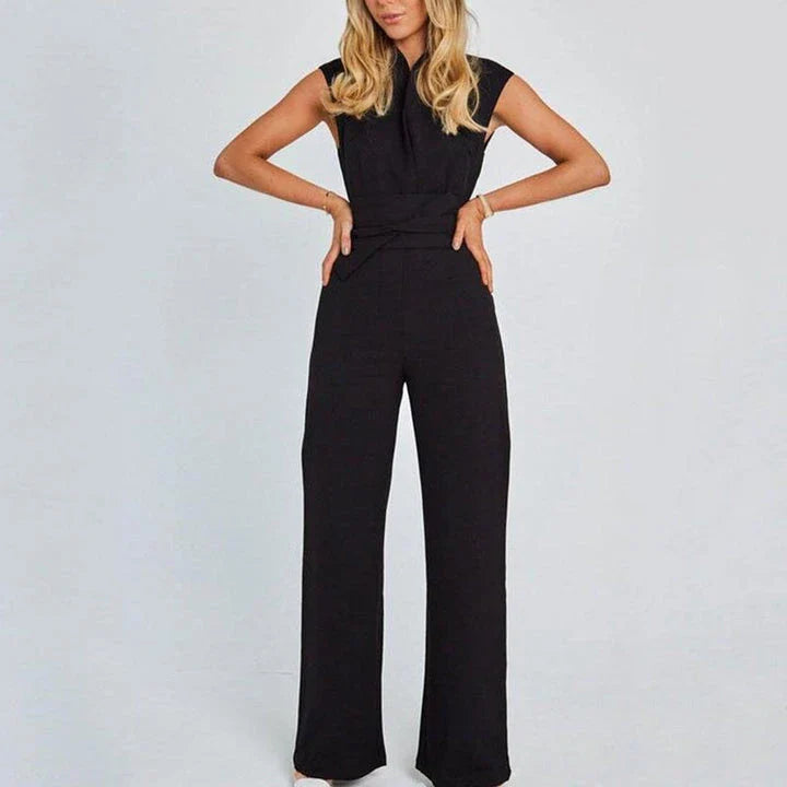 Elegant V-Neck Sleeveless Wide-Leg Jumpsuit in Khaki, a premium British fashion piece with a sophisticated design and versatile style.