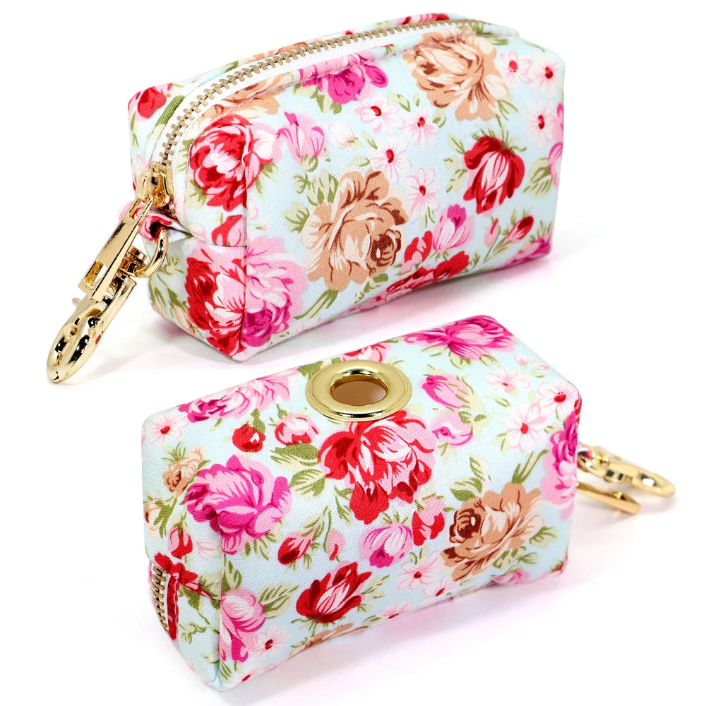 Stylish floral dog walking bag with multiple compartments for treats, snacks, waste bags, and keys