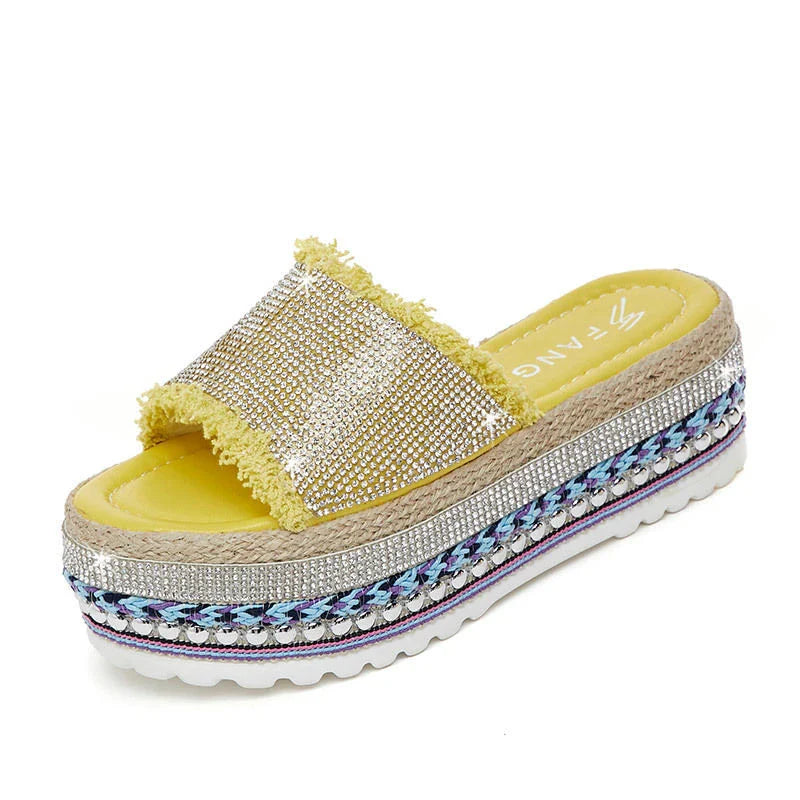 Stylish sponge cake elevated women's slippers in beige, black, and yellow colours