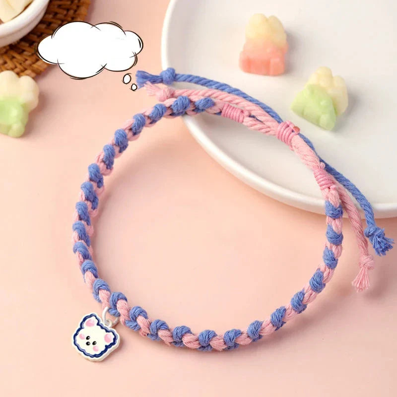 Adjustable Cute Pet Collar with Soft Cotton Rope and Adorable Bear Pendant