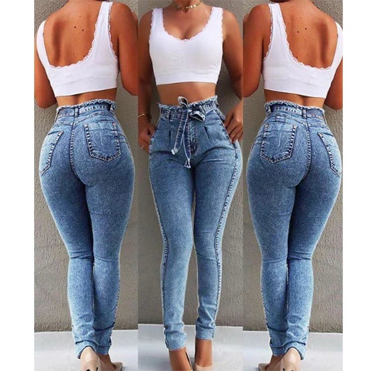 Premium fringed denim jeans in grey, dark blue, and light blue colours