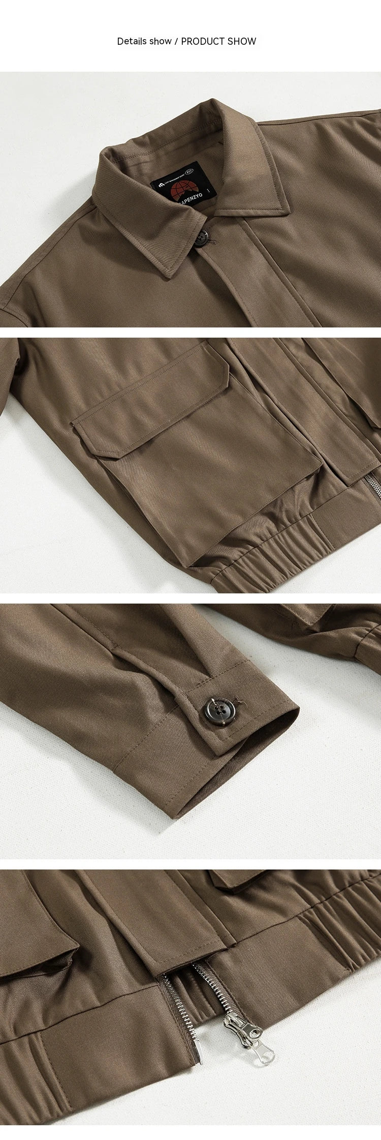 Premium retro-inspired polo collar jacket for men, featuring a relaxed fit, durable polyester construction, and timeless brown colour