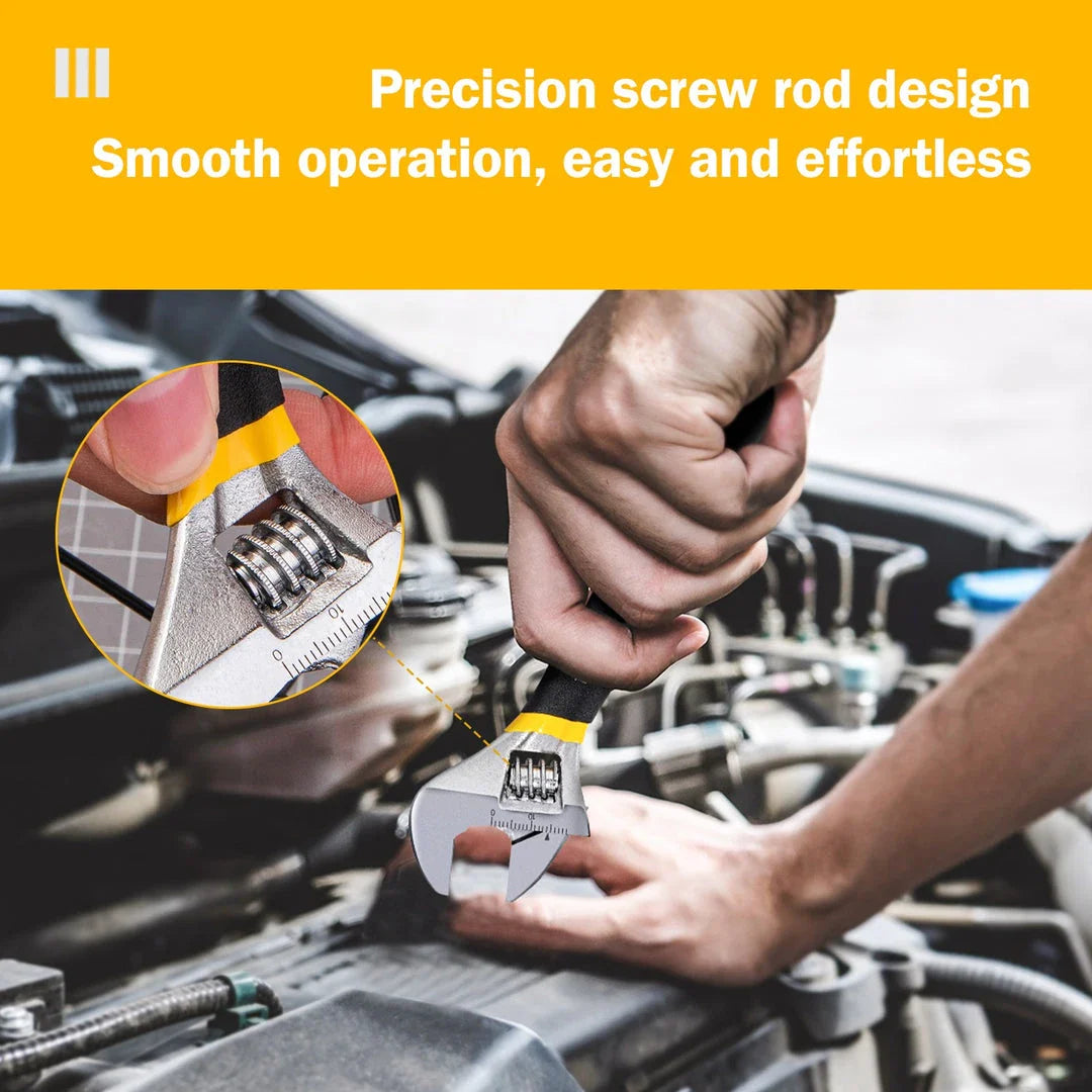Adjustable stainless steel spanner with PVC handle, featuring a laser-etched scale for precise measurements and a smooth-operating screw nut for easy adjustments.
