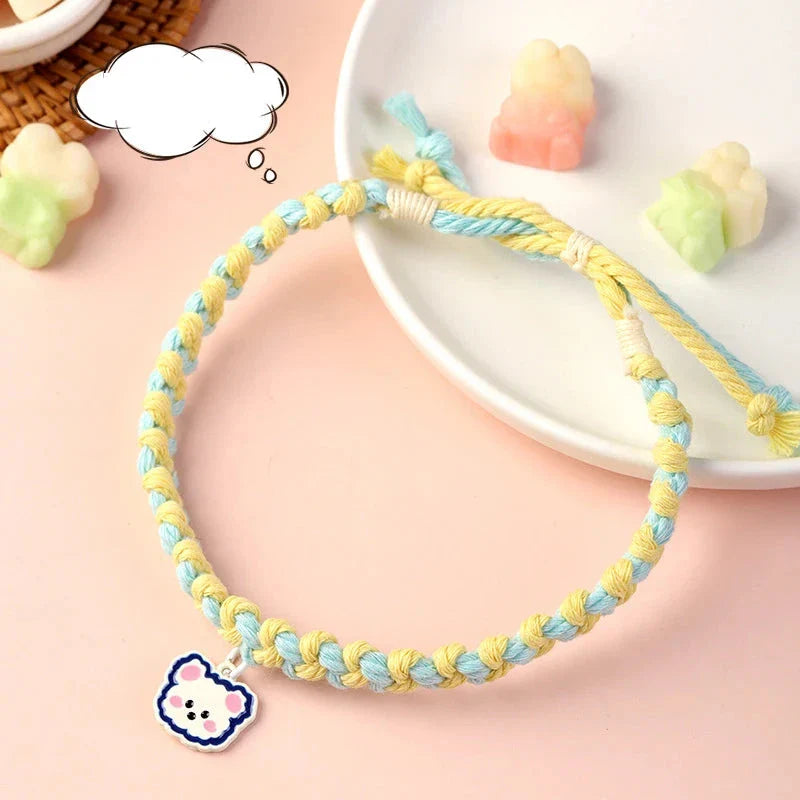 Adjustable Cute Pet Collar with Soft Cotton Rope and Adorable Bear Pendant