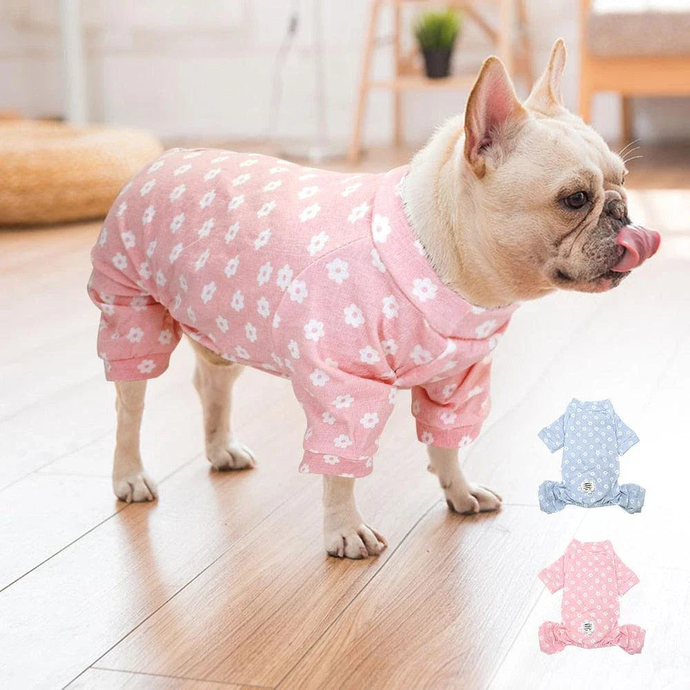 Floral cotton dog jumpsuit in blue and pink hues, providing comfort and style for your canine companion