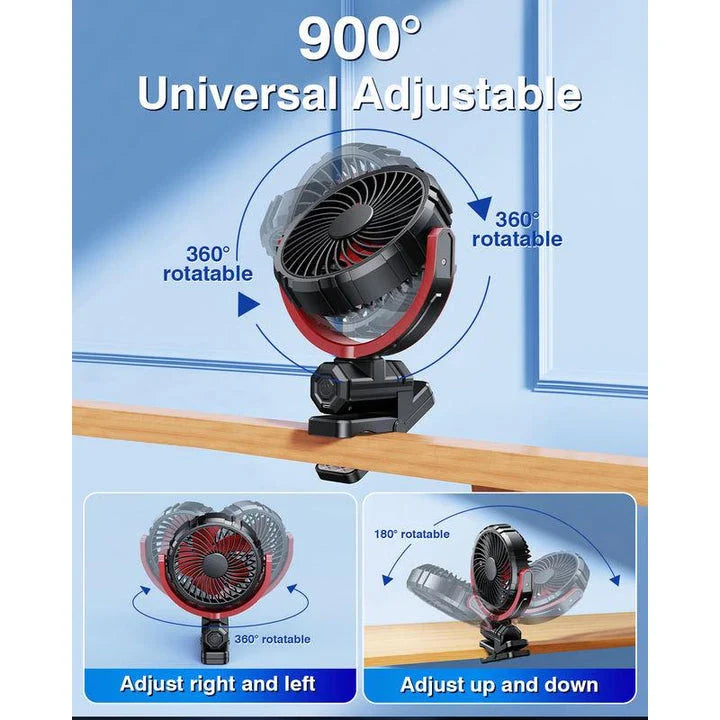 Portable Car Cooling Clamp Fan with 900° Rotatable Design, USB Rechargeable Battery, and Quiet Brushless Motor