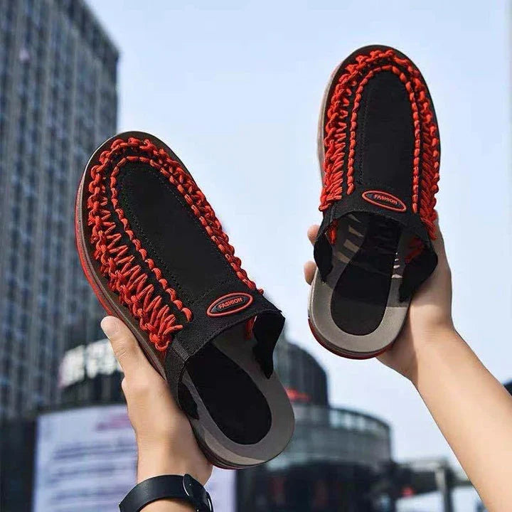 Stylish handwoven leather sandals for men in a range of colours, featuring a durable rubber sole and comfortable design.