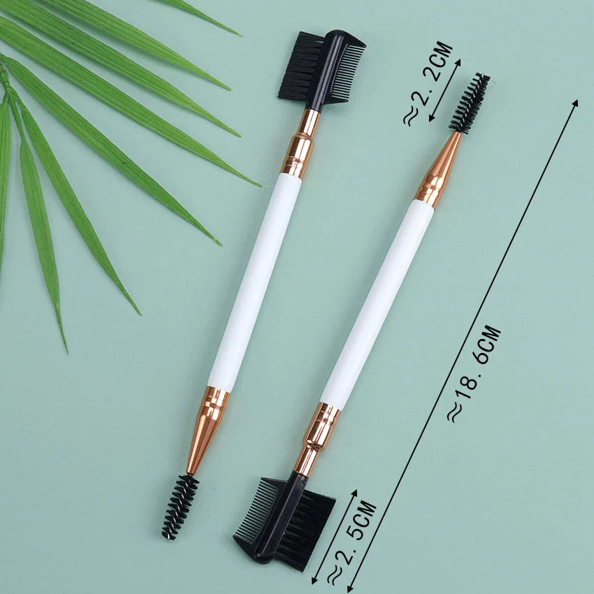 Premium dual-ended eyebrow and eyelash grooming brush with wooden handle and nylon bristles