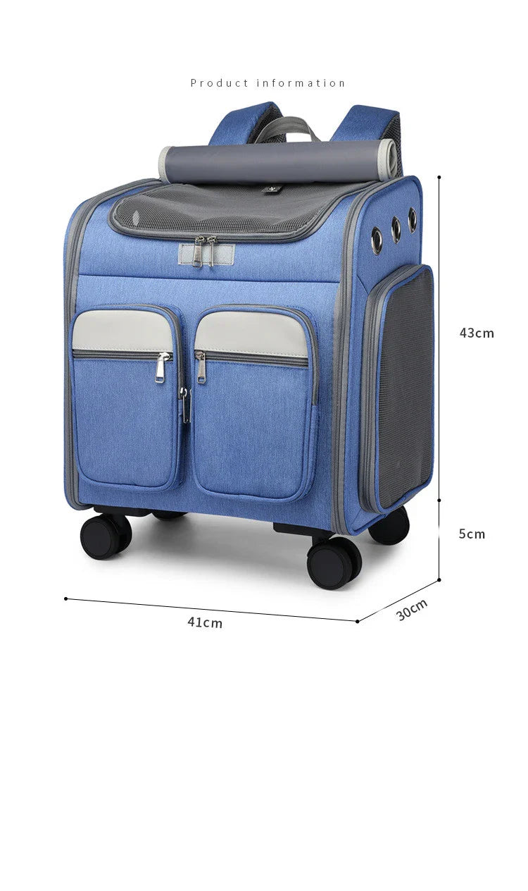Convenient pet carrier trolley in blue colour, designed with a folding mechanism for easy transport and storage