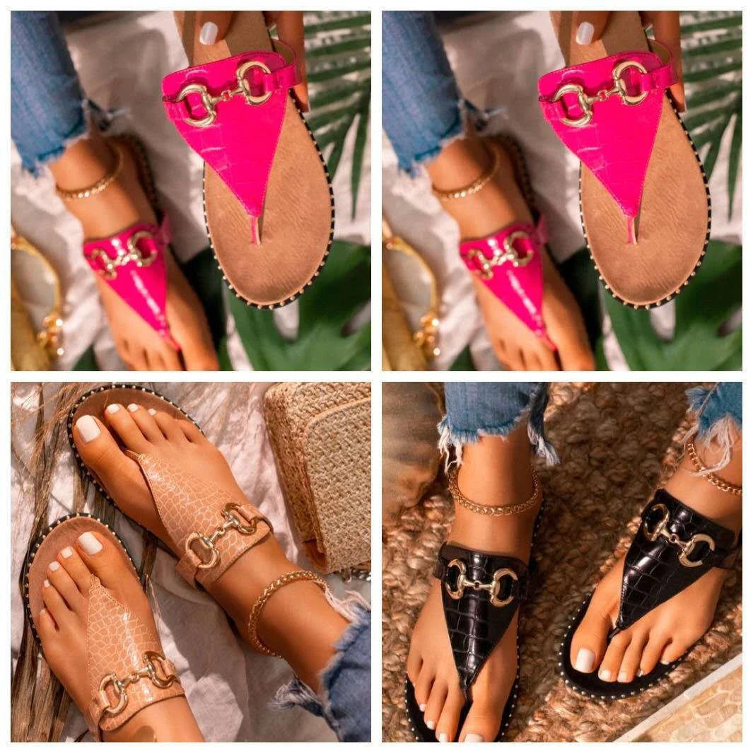 Stylish and comfortable women's leather sandals with a sleek metal buckle, perfect for summer