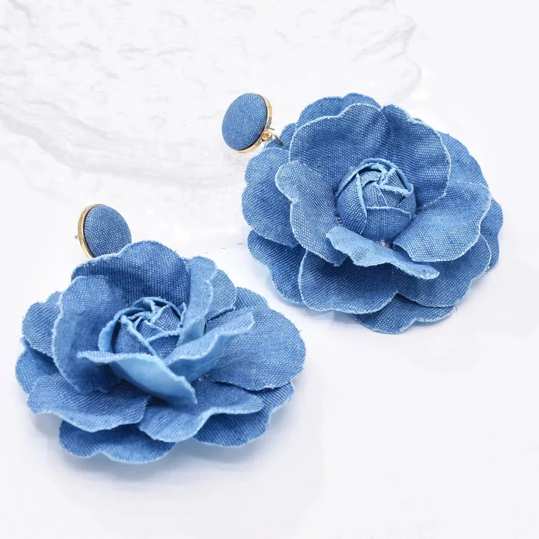 Exquisite denim drop earrings with charming accents, perfect for elevating British fashion and style