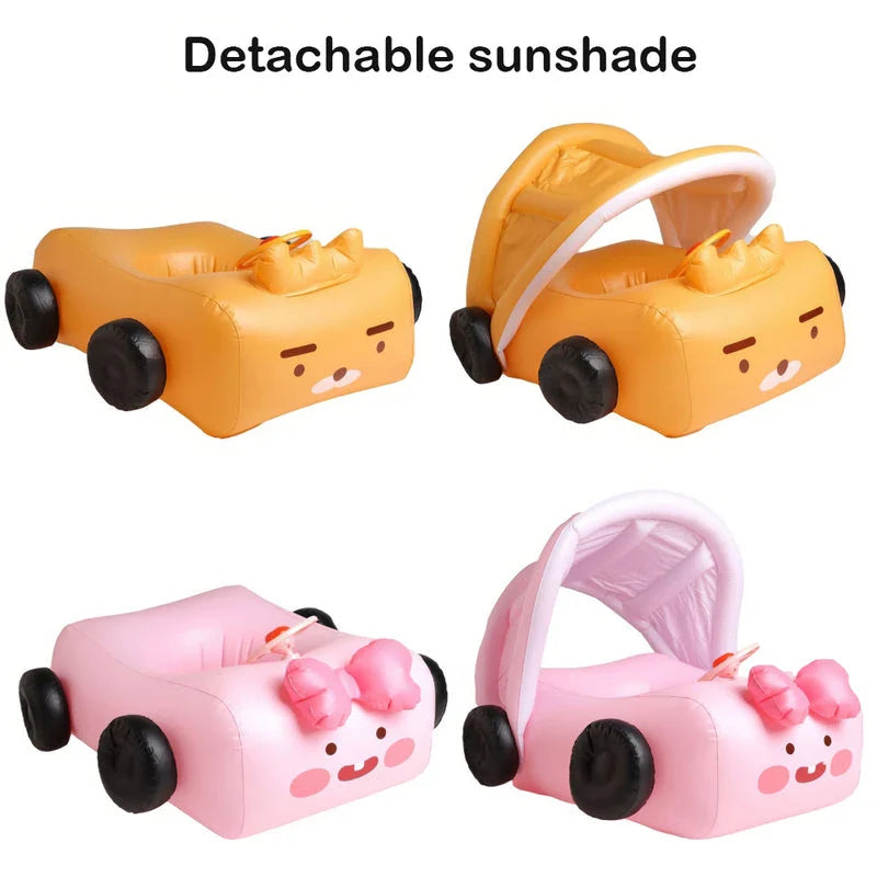 Inflatable car-style swimming seat ring with detachable sunshade for kids aged 1-6 years