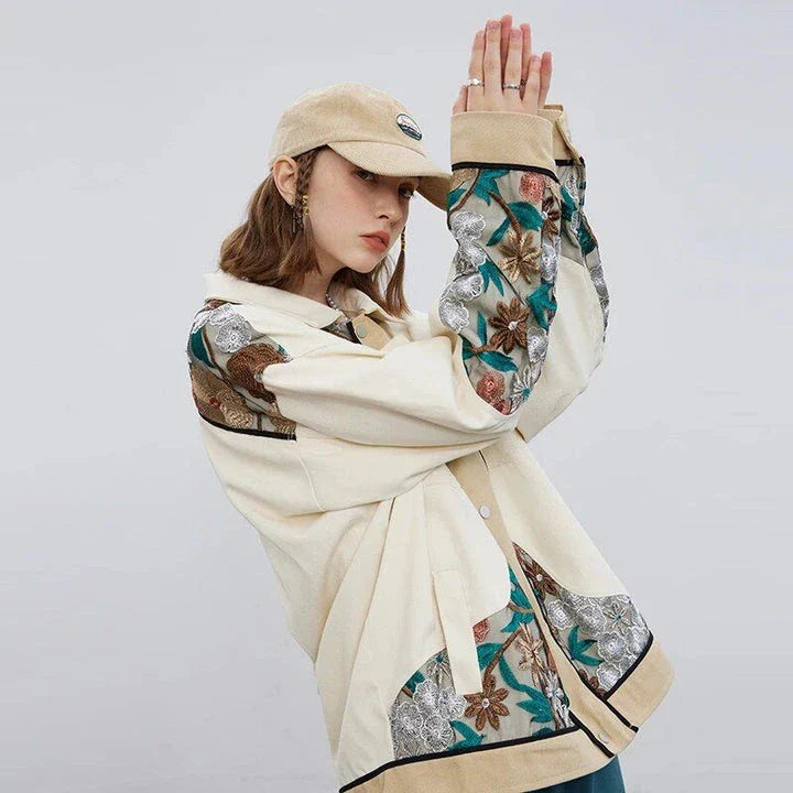 Trendy embroidered patchwork denim jacket in various sizes, perfect for autumn and winter wear