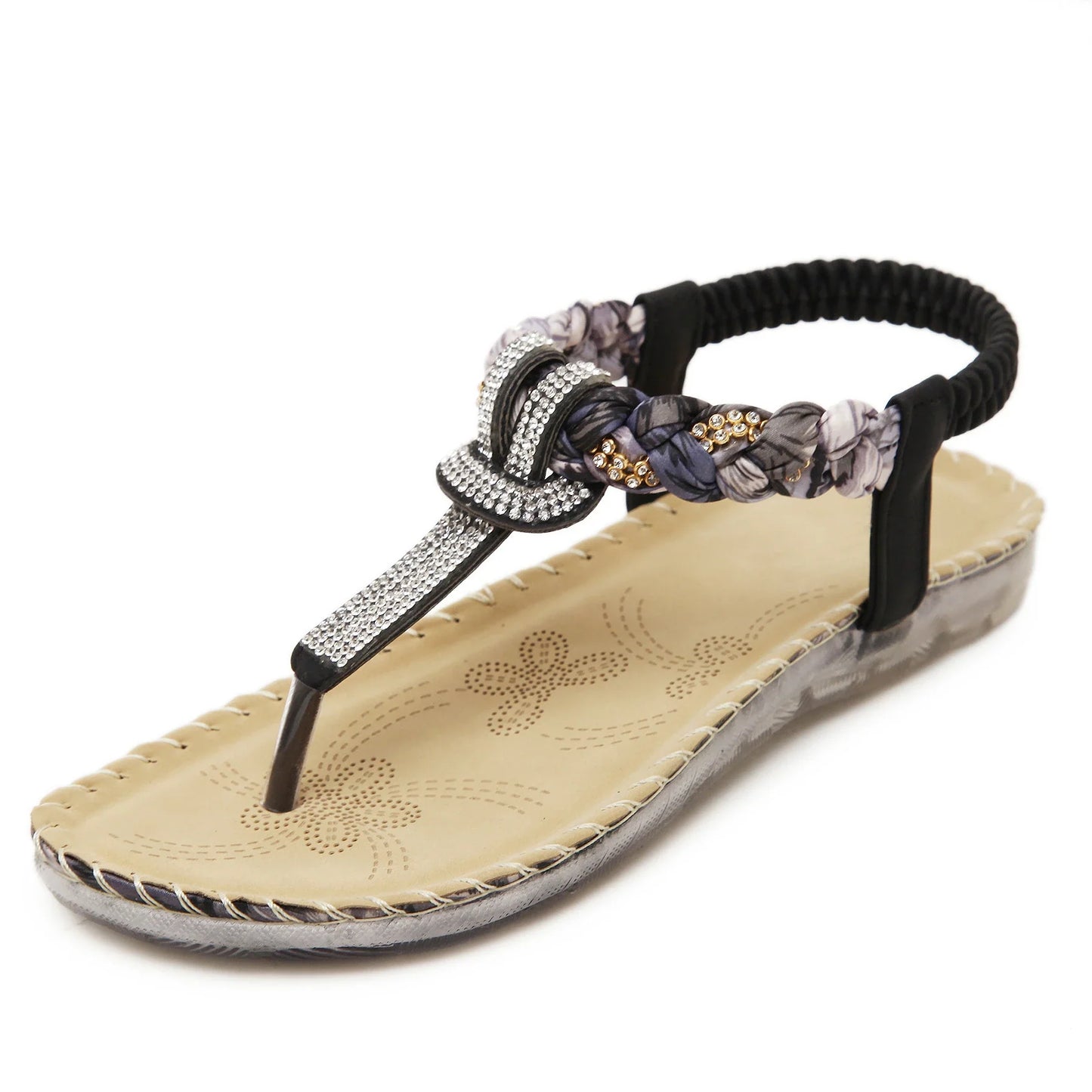 Stylish low-top toe sandals with two-layer leather upper, raw rubber sole, and rhinestone embellishments for chic British fashion