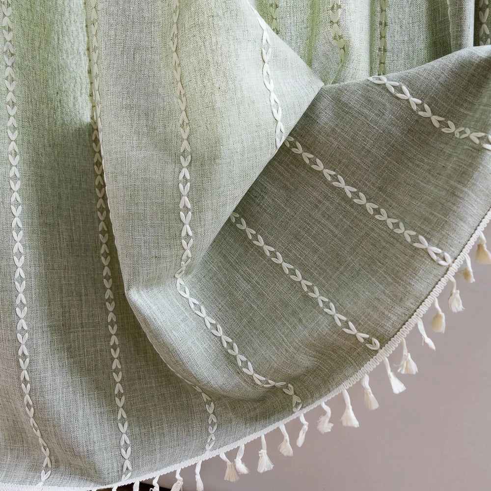 Premium bohemian tassel shower curtain with unique stitching design, waterproof coating, and durable linen blend material for a relaxing bathroom oasis