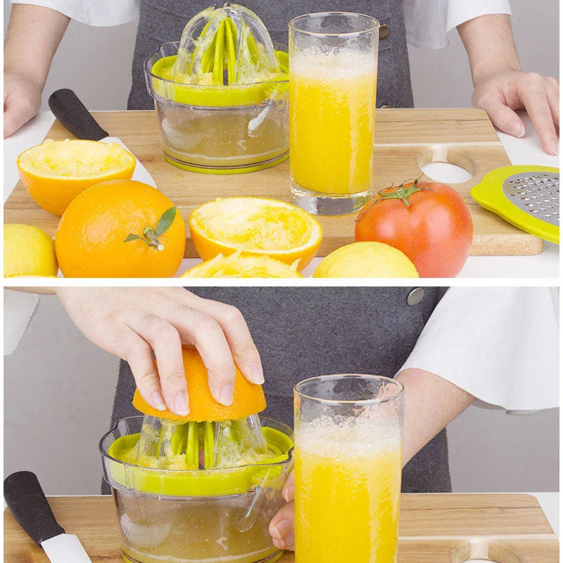 A manual citrus juicer with a built-in measuring cup, grater, and egg separator for versatile kitchen tasks