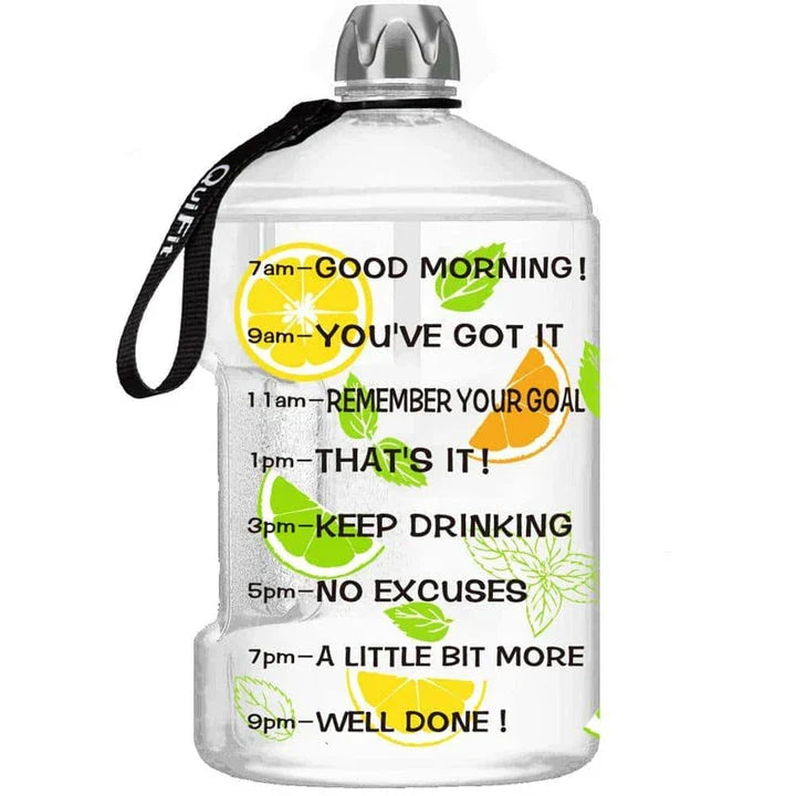 Premium customized gallon water bottle with time tracker markings, available in multiple vibrant colours
