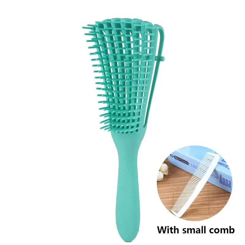 Trendha Compact Detangling Hair Brush with Scalp Massager for Effortless Travel in Green with Small Comb Accessory
