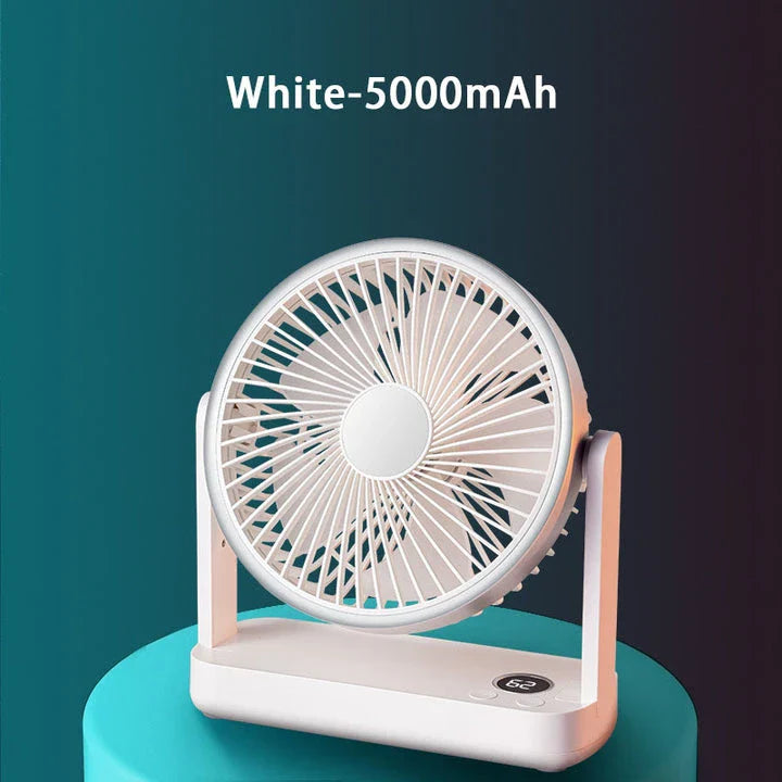 A compact, rechargeable USB desk fan with adjustable speed settings and a tilting head for targeted airflow.