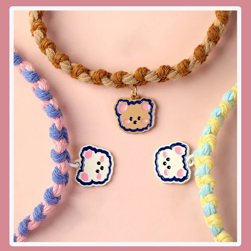 Adjustable Cute Pet Collar with Soft Cotton Rope and Adorable Bear Pendant