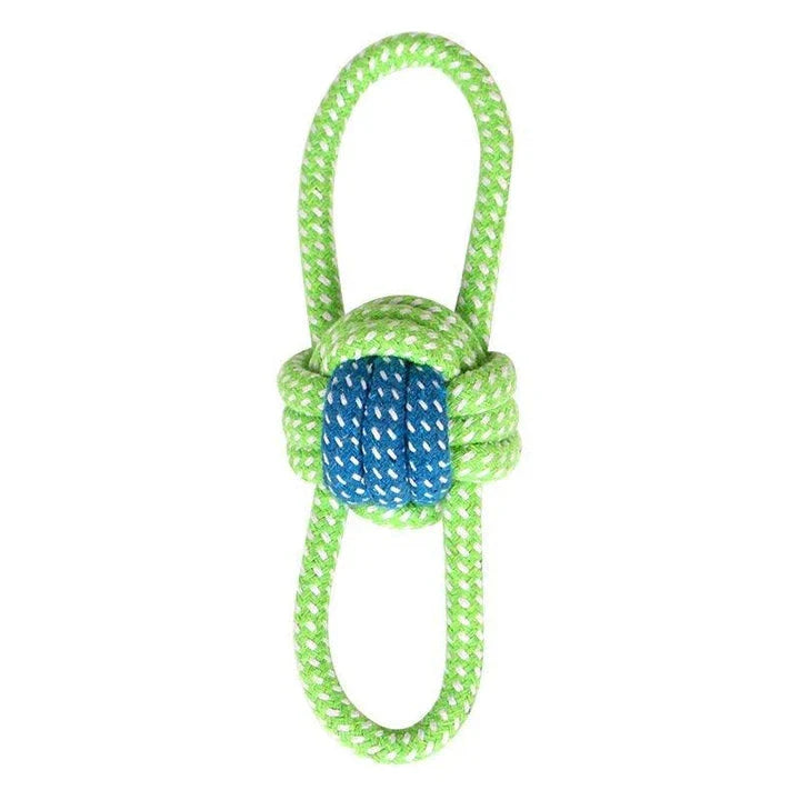 Robust cotton bone-shaped braided toy for dogs, designed to withstand chewing and promote dental health