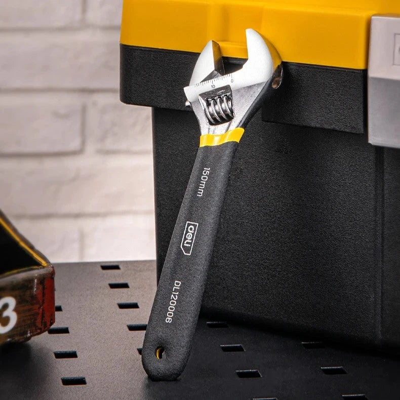Adjustable stainless steel spanner with PVC handle, featuring a laser-etched scale for precise measurements and a smooth-operating screw nut for easy adjustments.